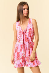 Coral Pink Floral Patchwork Print Tie Front Hem Romper