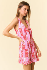 Coral Pink Floral Patchwork Print Tie Front Hem Romper