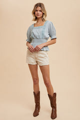 Dusty Sage Eyelet Square Neck Puff Sleeve Blouse