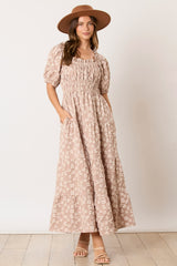 Light Mocha Floral Applique Tiered Maxi Dress