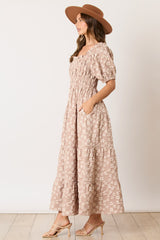 Light Mocha Floral Applique Tiered Maxi Dress