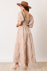 Light Mocha Floral Applique Tiered Maxi Dress