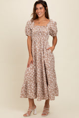 Light Mocha Floral Applique Tiered Maxi Dress