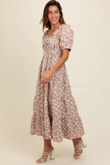 Light Mocha Floral Applique Tiered Maxi Dress