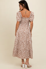 Light Mocha Floral Applique Tiered Maxi Dress