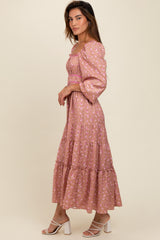 Mauve Satin Floral Pleated Tiered Maxi Dress