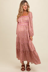 Mauve Satin Floral Pleated Tiered Maternity Maxi Dress