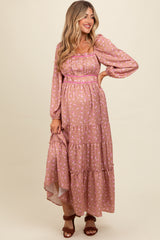 Mauve Satin Floral Pleated Tiered Maternity Maxi Dress