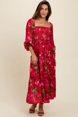 Red Satin Floral Smocked Ruffle Tier Maternity Maxi Dress