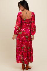 Red Satin Floral Smocked Ruffle Tier Maxi Dress