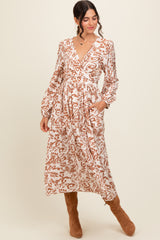 Cream Abstract Floral Gathered Front Midi Dress