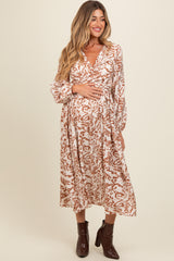 Cream Abstract Floral Gathered Front Maternity Midi Dress