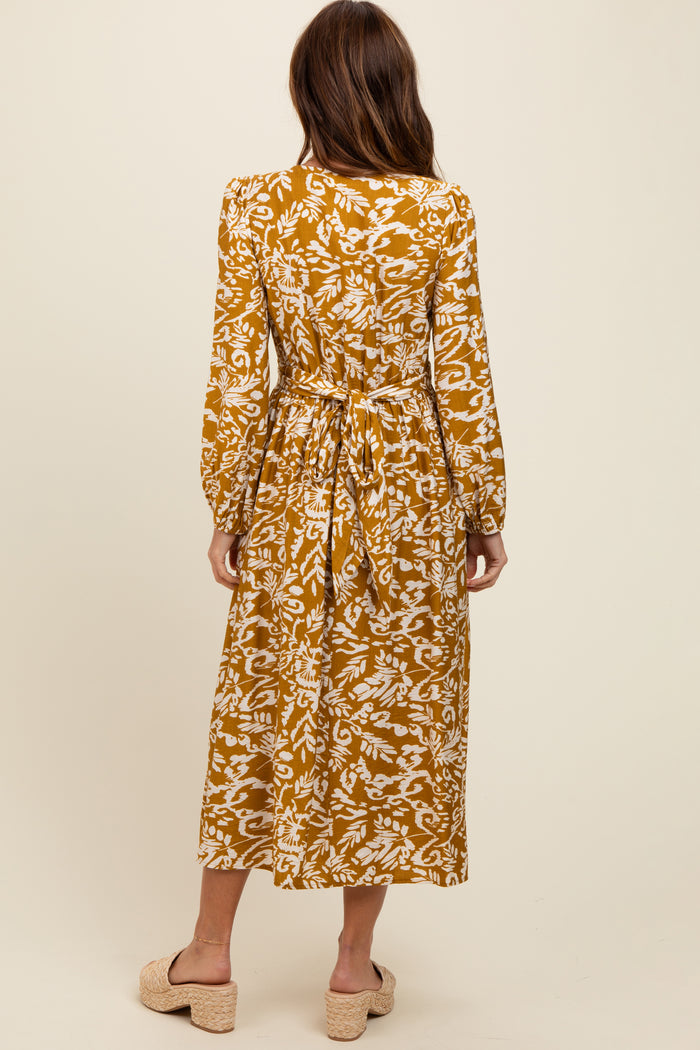 Gold Abstract Floral Gathered Front Midi Dress