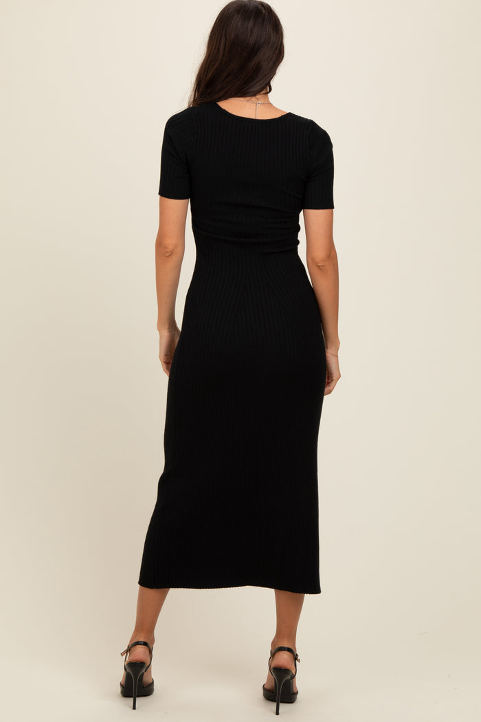 Black Knit Twisted V-Neck Maxi Dress