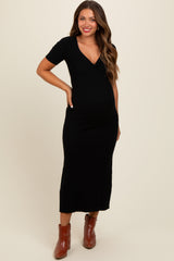 Black Knit Twisted V-Neck Maternity Maxi Dress