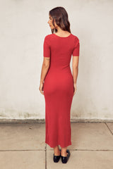 Red Knit Twisted V-Neck Maxi Dress