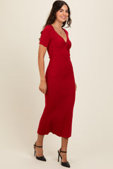 Red Knit Twisted V-Neck Maxi Dress