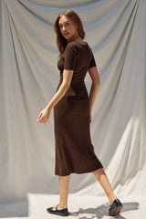 Brown Knit Twisted V-Neck Maxi Dress