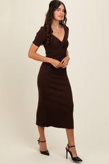 Brown Knit Twisted V-Neck Maxi Dress