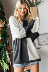 Charcoal Colorblock Checker Print Fuzzy Knit Sweater