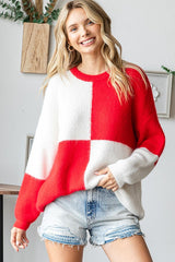 Red Colorblock Checker Print Fuzzy Knit Maternity Sweater