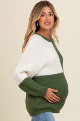 Olive Colorblock Checker Print Fuzzy Knit Maternity Sweater