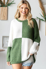 Olive Colorblock Checker Print Fuzzy Knit Sweater