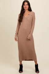 Mocha Ribbed Collared Maternity Midi Sweater Dress