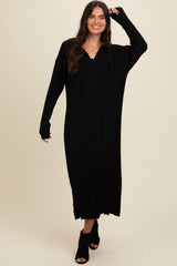 Black Ribbed Collared Midi Sweater Dress