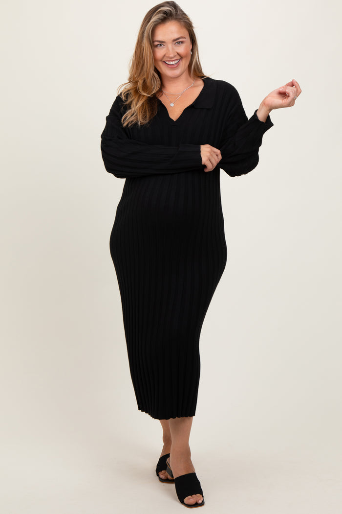 Black Ribbed Collared Maternity Plus Midi Sweater Dress