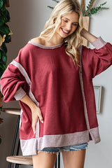 Burgundy Two Tone Maternity Oversized Long Sleeve Top