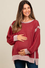 Burgundy Two Tone Maternity Oversized Long Sleeve Top