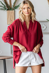 Burgundy V-Neck Oversized Blouse