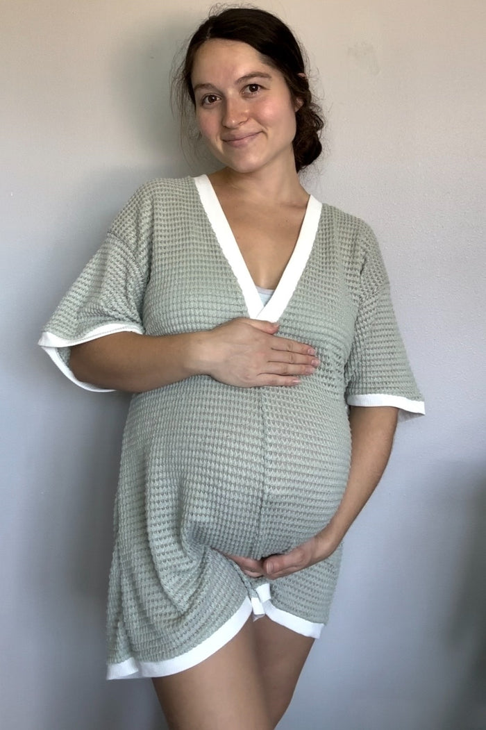 Light Olive Knit Contrast Trim Deep V-Neck Maternity Romper