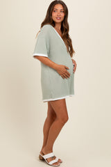 Light Olive Knit Contrast Trim Deep V-Neck Maternity Romper