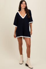 Navy Knit Contrast Trim Deep V-Neck Maternity Romper