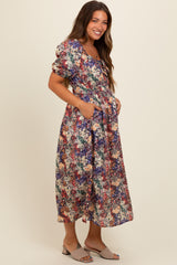 Black Floral Puff Sleeve Maternity Midi Dress