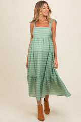 Light Olive Gingham Shoulder Tie Maternity Dress