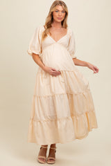 Cream Deep V-Neck Tiered Maternity Maxi Dress