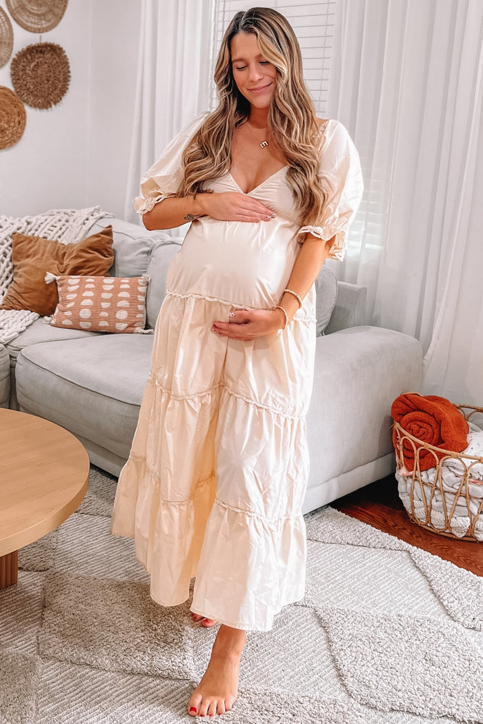 Cream Deep V-Neck Tiered Maternity Maxi Dress