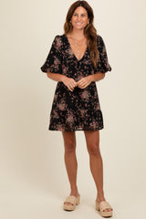 Black Deep V-Neck Tie Back Floral Mini Dress