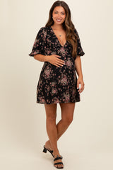 Black Deep V-Neck Tie Back Floral Maternity Mini Dress