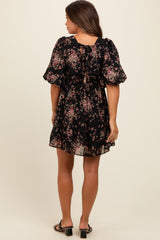 Black Deep V-Neck Tie Back Floral Maternity Mini Dress