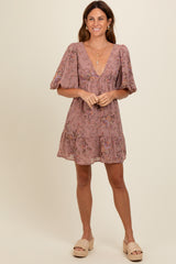 Mauve Deep V-Neck Tie Back Floral Mini Dress