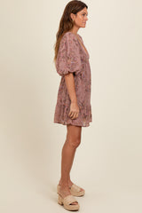 Mauve Deep V-Neck Tie Back Floral Mini Dress