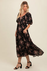 Black Floral Tiered Puff Sleeve Maternity Maxi Dress