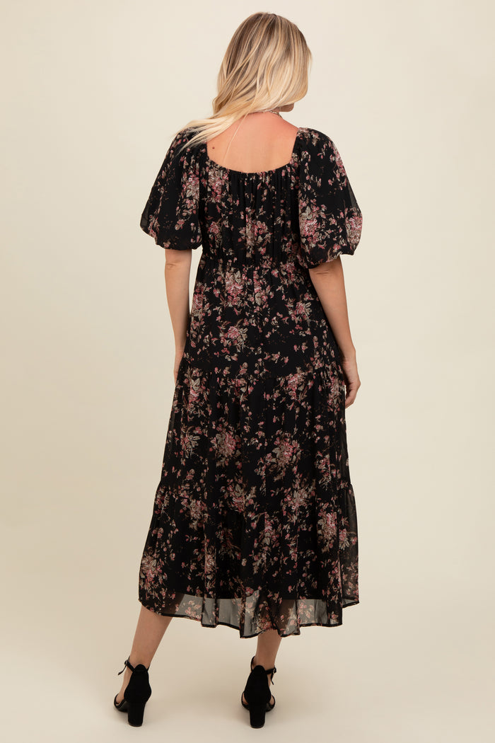 Black Floral Tiered Puff Sleeve Maxi Dress
