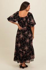 Black Floral Tiered Puff Sleeve Maternity Maxi Dress