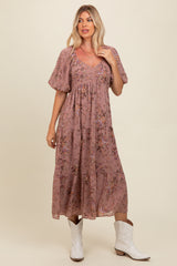 Mauve Floral Tiered Puff Sleeve Maxi Dress