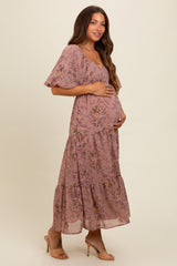 Mauve Floral Tiered Puff Sleeve Maternity Maxi Dress